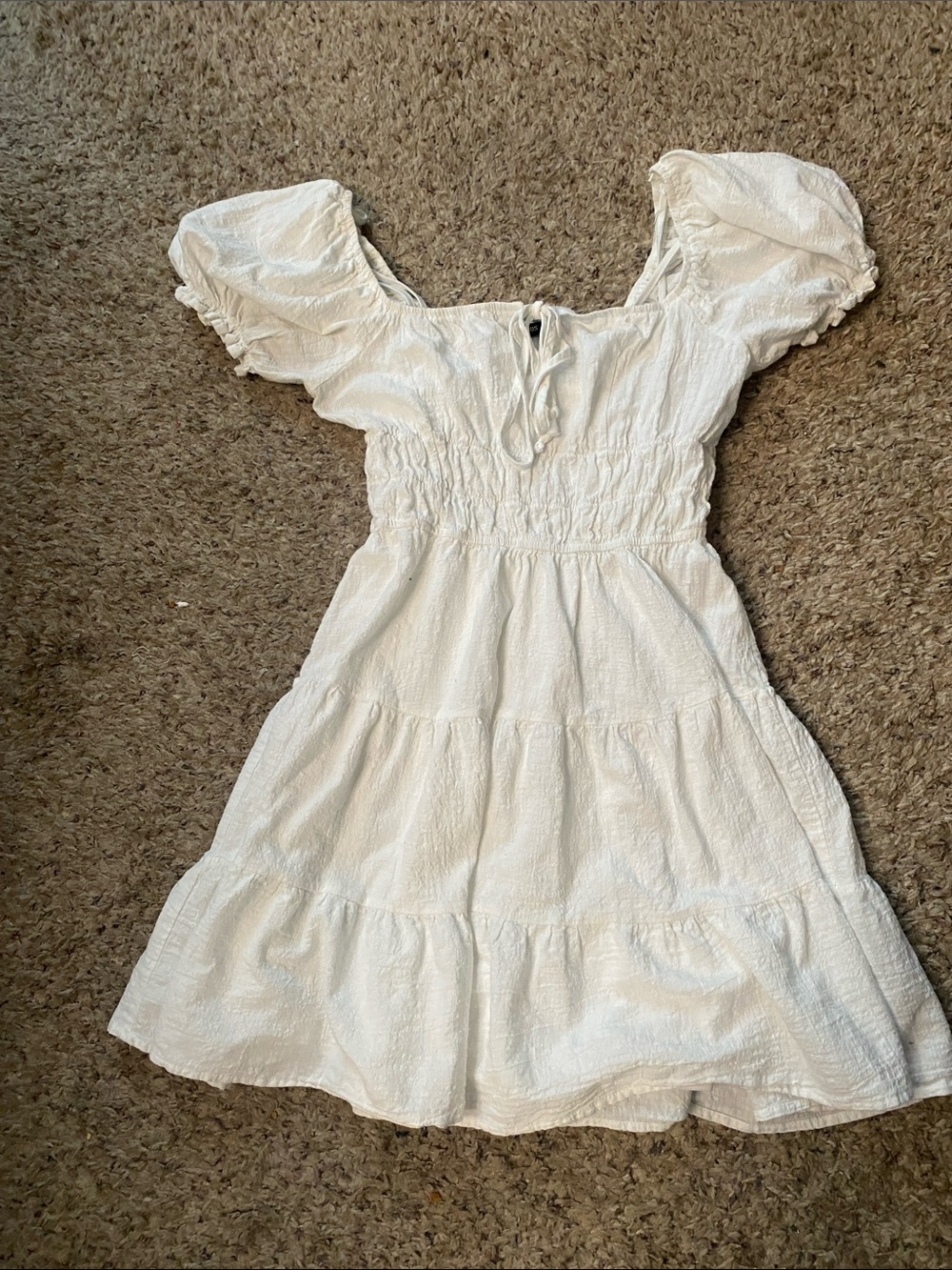 White Smocked Puff-Sleeve Mini Dress